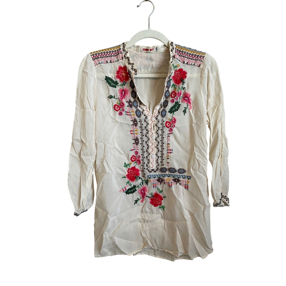 Johnny Was Embroidered Floral Tunic Top Cream Cupra Rayon XS Boho